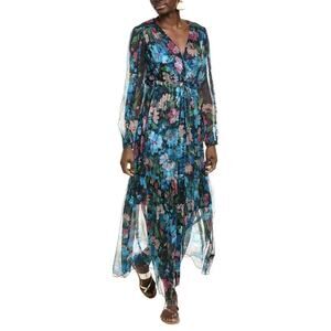 Johnny Was Jade Mabel Silk Chiffon Maxi Dress Floral V-Neck Small